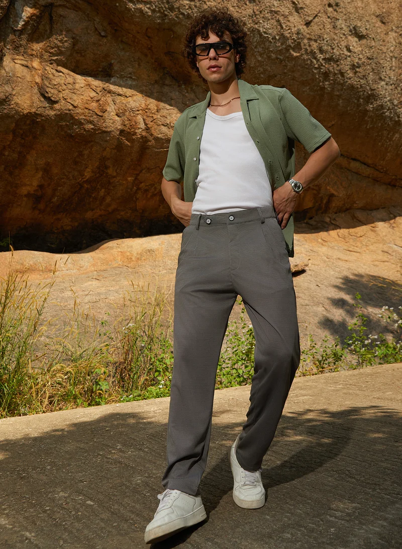 CAHOOT  Men's Ash Grey Micro-Check Chino Trousers For Casual Wear | Mid-Rise | Regular Fit | Button Closure | Trousers Crafted With Comfort Fit For Everyday Wear for Men | Best Price UAE